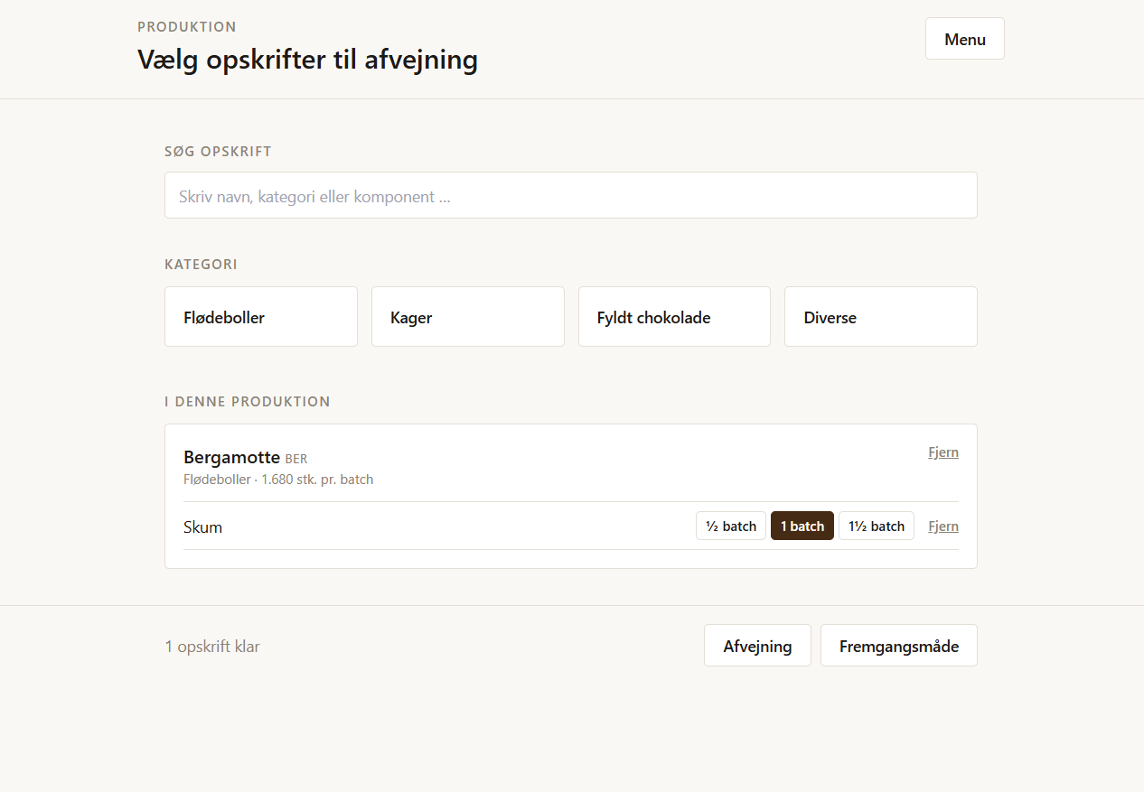 Tidlig prototype til valg af opskrifter i produktionen