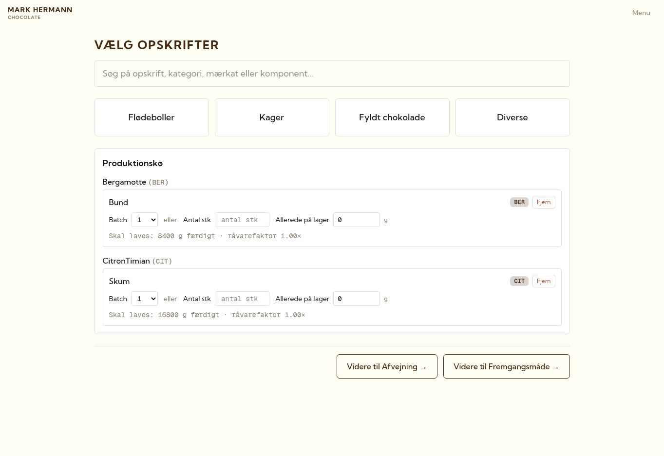 Produktionssystemet med opskriftsvalg og produktionskø